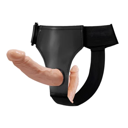 Ham negru tip chilot, cu bandă elastică și cataramă, cu dildoul realist de culoare naturală cu două capete