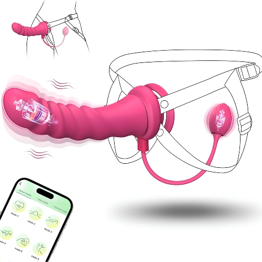 Dildo roz cu nervuri prins într-un ham desenat, cu oul în formă de boboc pe cablu și un telefon cu modurile de vibrație