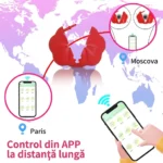 Piesa roșie pe o hartă a lumii, cu două telefoane între Paris și Moscova, ilustrând controlul din aplicație la distanță