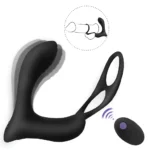 Vibrator pentru prostată negru, cu inel dublu pentru penis și testicule și telecomandă wireless