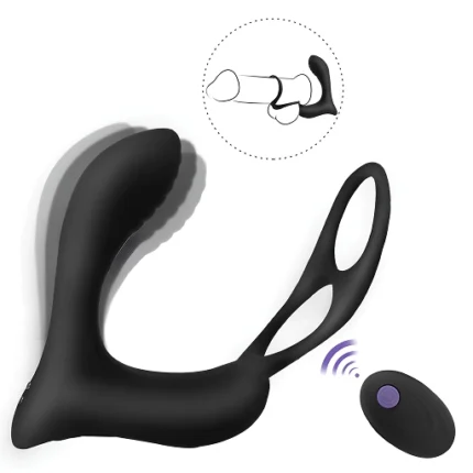 Vibrator pentru prostată negru, cu inel dublu pentru penis și testicule și telecomandă wireless
