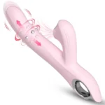 Vibratorul rabbit roz cu cele două brațe, inelul cu bile și striațiile de la vârf