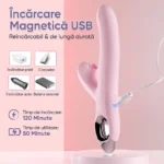 Vibratorul rabbit roz conectat la cablul magnetic USB, cu timpii de încărcare și de folosire