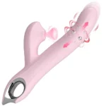 Vibrator rabbit roz pal cu inel cu bile pe brațul lung, deschidere de sucțiune pe brațul scurt și buclă metalizată la mâner