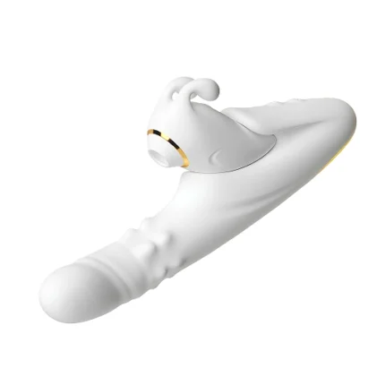 Vibrator rabbit alb cu braț lung în relief și cap de sucțiune cu urechiușe de iepuraș și inel auriu