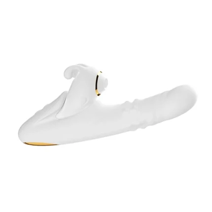 Vibratorul rabbit alb văzut din lateral, cu capul de sucțiune montat pe brațul scurt