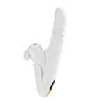 Vibratorul rabbit alb în picioare, văzut din profil, cu baza aurie a mânerului